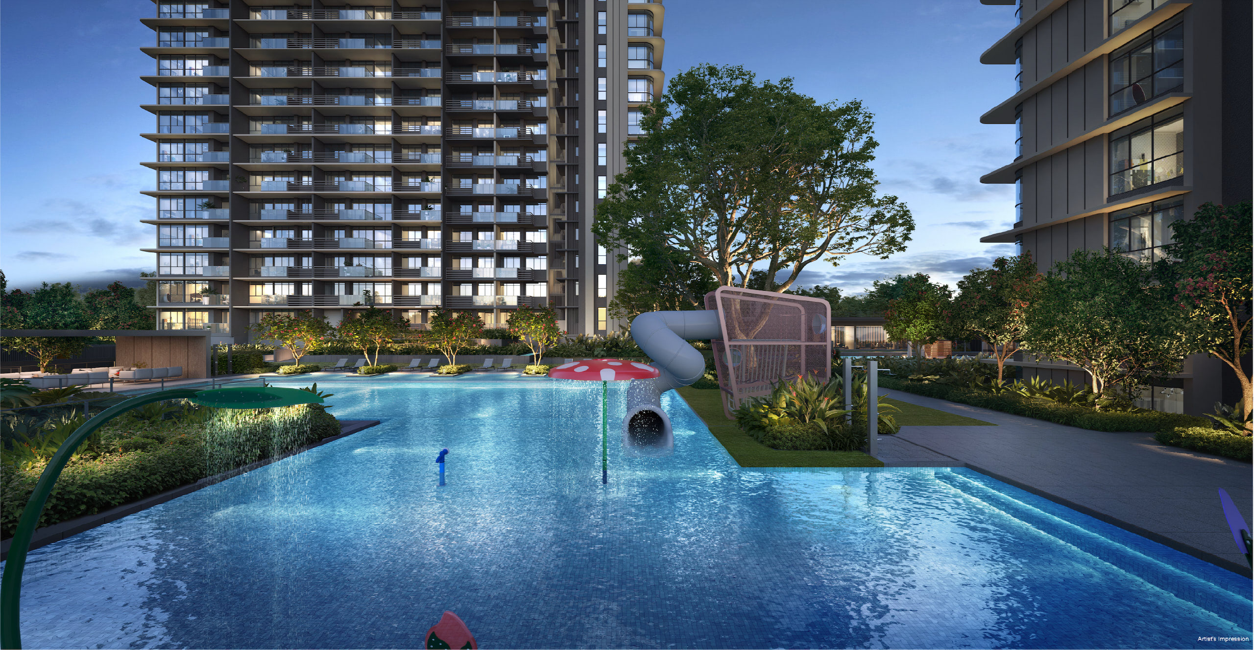 The kid's pool on the second-storey landscape deck at One Marina Gardens, with a water slide and the residential blocks behind — artist's impression